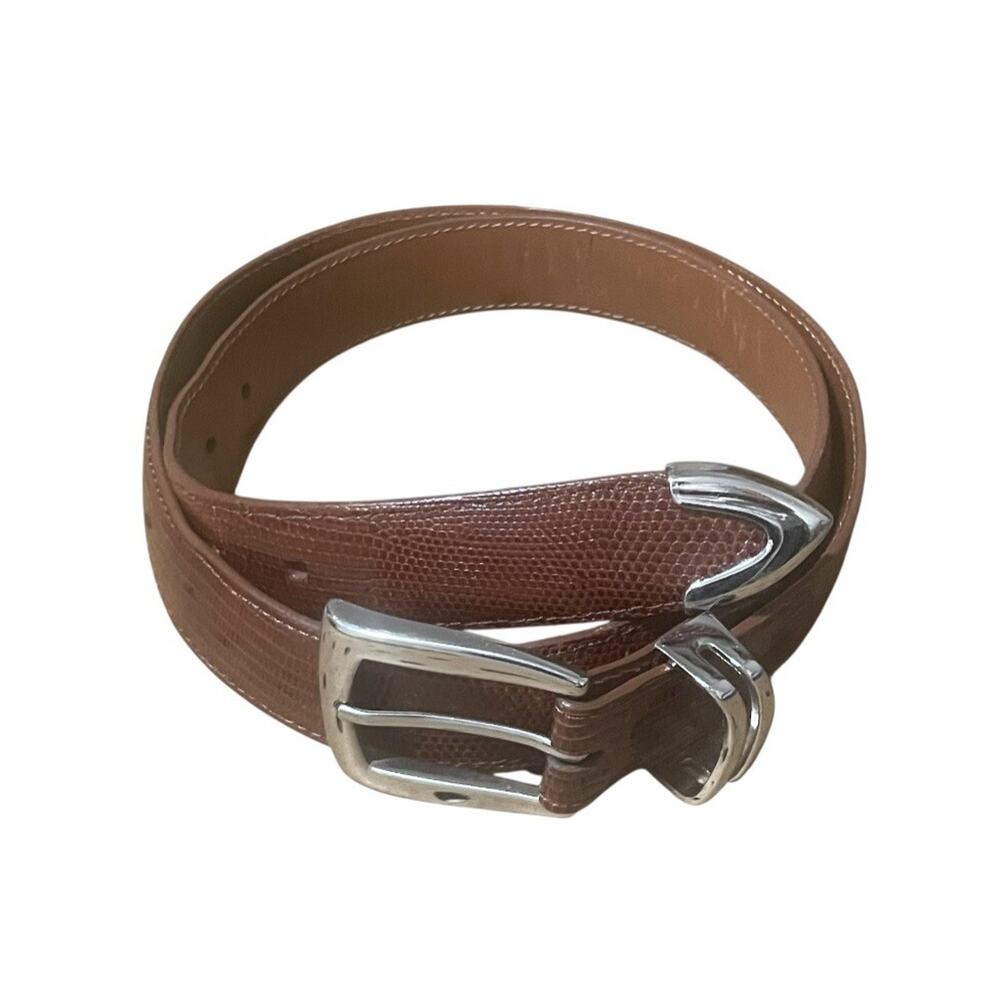 J. Hillburn Belt Mens Size 36 Brown Genuine Lizard Metal Tip USA Berluti MINT